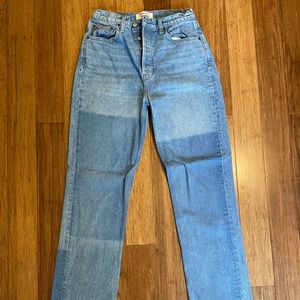 Patchwork straight leg jeans, button fly